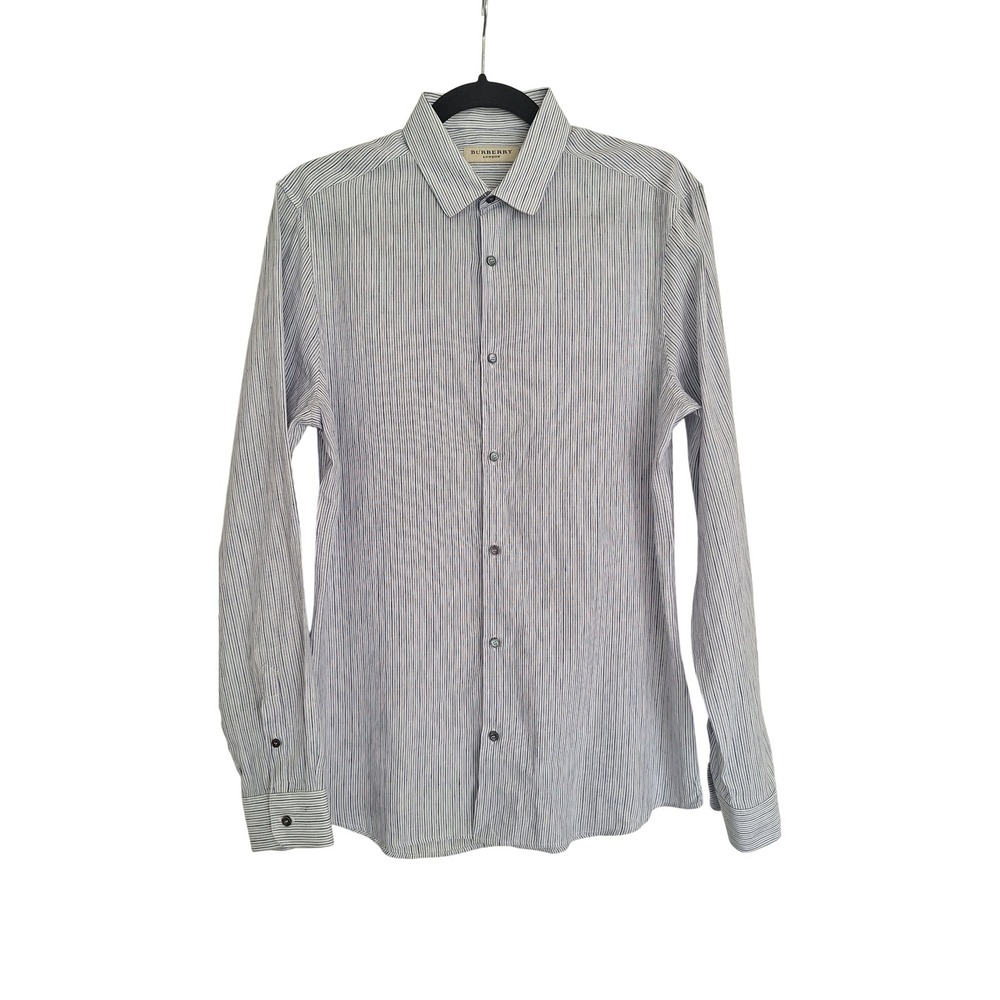 Burberry London Shirt M White Blue Stripe Button Down Long Sleeve Linen Cotton